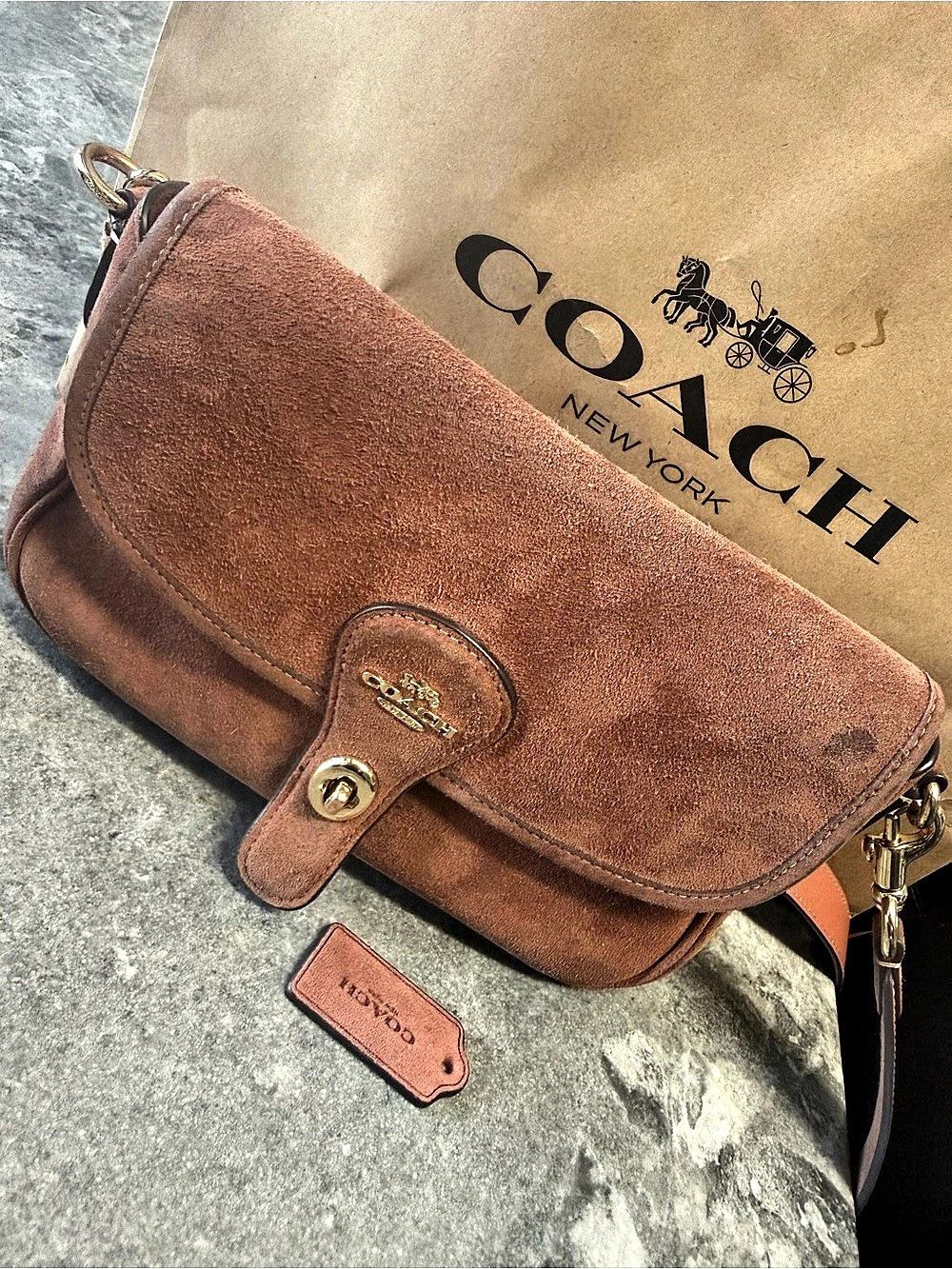 Coach Turnlock Haversack Bag 27 Brown Suede Crossbody Bag
